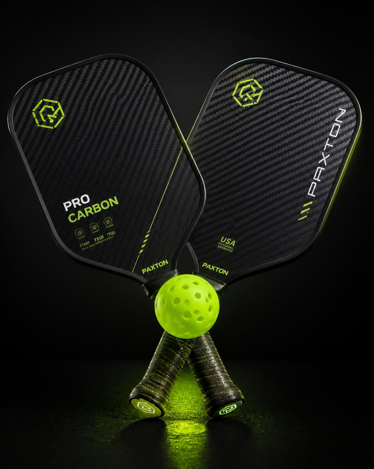 Carbon fibre pickleball paddles and a neon ball at Pickleton Surat